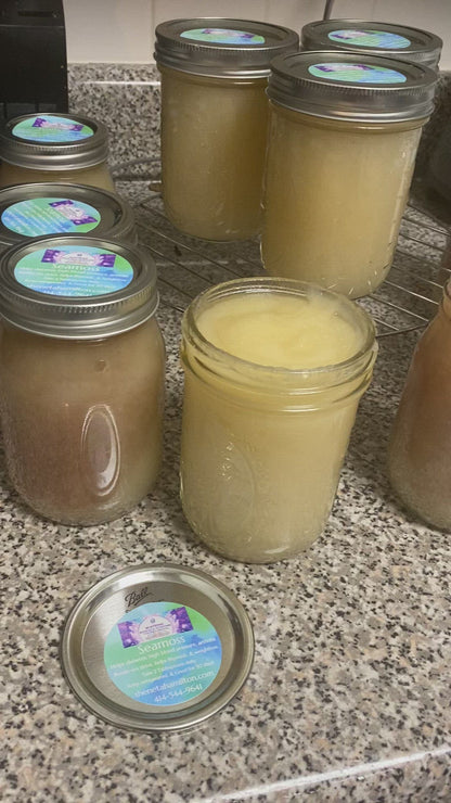 Seamoss Gel infused with Elderberries (immune boosting), Ashwagandha (manage stress, & Lions Mane (focus)