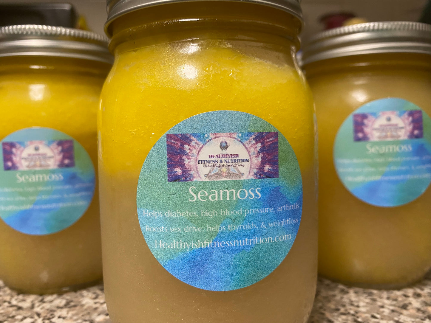 Seamoss Gel infused with Elderberries (immune boosting), Ashwagandha (manage stress, & Lions Mane (focus)