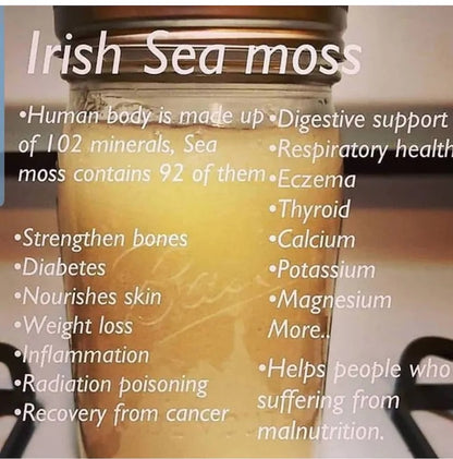 Seamoss Gel infused with Elderberries (immune boosting), Ashwagandha (manage stress, & Lions Mane (focus)