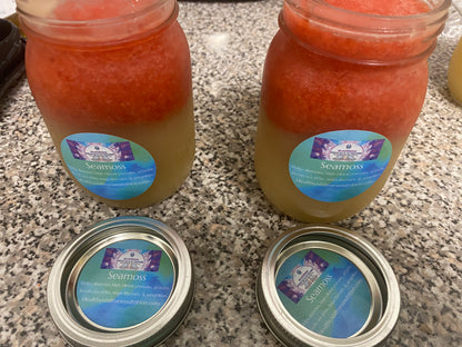 Seamoss Gel infused with Elderberries (immune boosting), Ashwagandha (manage stress, & Lions Mane (focus)