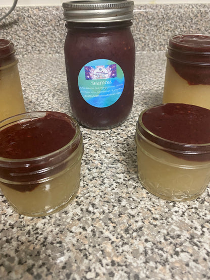 Seamoss Gel infused with Elderberries (immune boosting), Ashwagandha (manage stress, & Lions Mane (focus)
