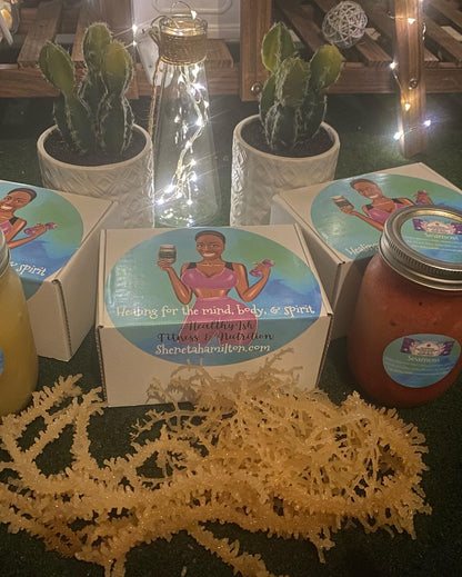 Seamoss Gel infused with Elderberries (immune boosting), Ashwagandha (manage stress, & Lions Mane (focus)